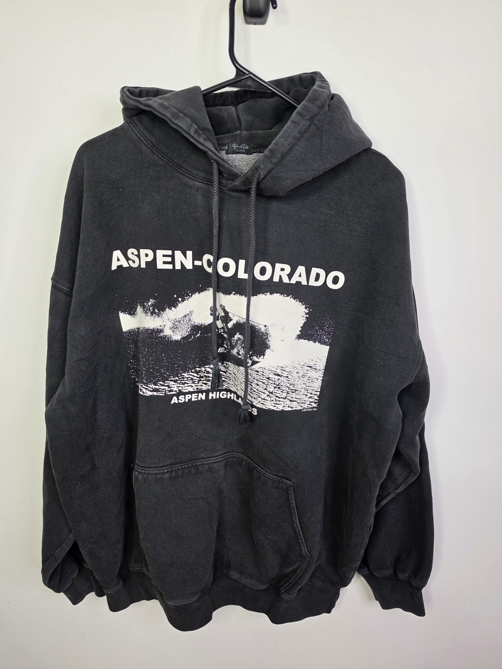 J. Galt Aspen Colorado Graphic Hoodie Faded Black Oversized Ski Y2K